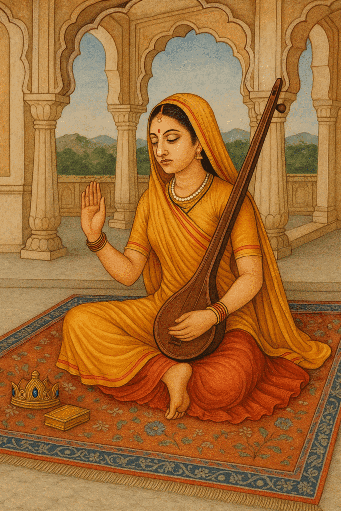 Shri Krishna Ki Deewani – Bhakt Meera Bai Ki Prem Gatha 8 Meera Bai rajmukut aur granth ko tyag karte hue, tanpura haath mein liye bhakti mein leen – tyag aur samarpan ka traditional Rajput painting.