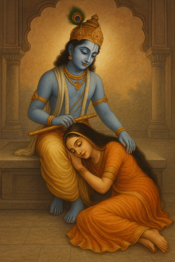 Shri Krishna Ki Deewani – Bhakt Meera Bai Ki Prem Gatha 9 Meera Bai Krishna ji ke charanon mein sir rakhkar leti hui – prem aur samarpan ka divya drishya traditional Rajput painting style mein.