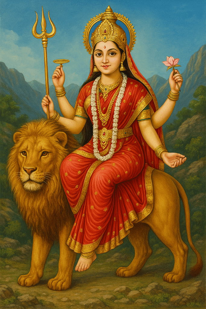 "Goddess Vaishno Devi seated gracefully on a lion, adorned in a red saree with gold embroidery, holding a trident, lotus, pot, and offering blessings, set against a serene mountain background."