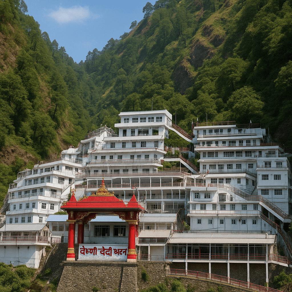 "Vaishno Devi temple complex nestled in the green Trikuta mountains, featuring white buildings stacked along the slope with a red entrance arch reading 'Vaishno Devi Bhawan'."
