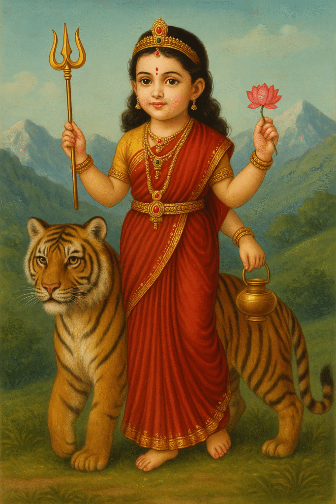 "Bala Vaishno Devi standing on a tiger, holding a trident, lotus, and water pot, adorned in red saree and golden jewelry, with mountains in the background."