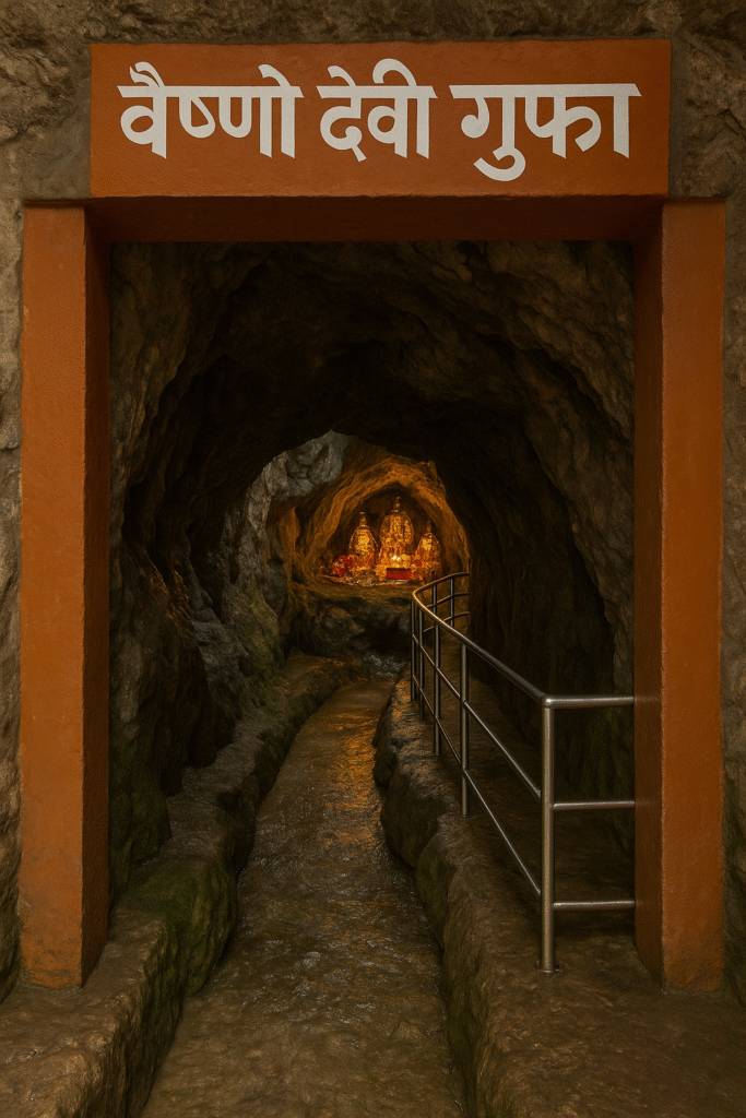 "Vaishno Devi Gufa entrance with narrow pathway leading to glowing pindiyan inside the cave, surrounded by natural stone walls and a safety railing."
