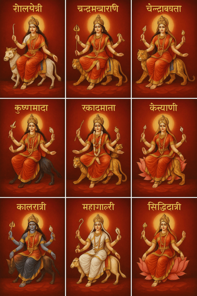 "A single image displaying twelve forms of Goddess Durga—Shailputri, Chandraghanta, Brahmacharini, Kushmanda, Skandamata, Katyayani, Kalaratri, Mahagauri, Siddhidatri—each seated on their respective vahanas, set against a red background with names written in Devanagari."
