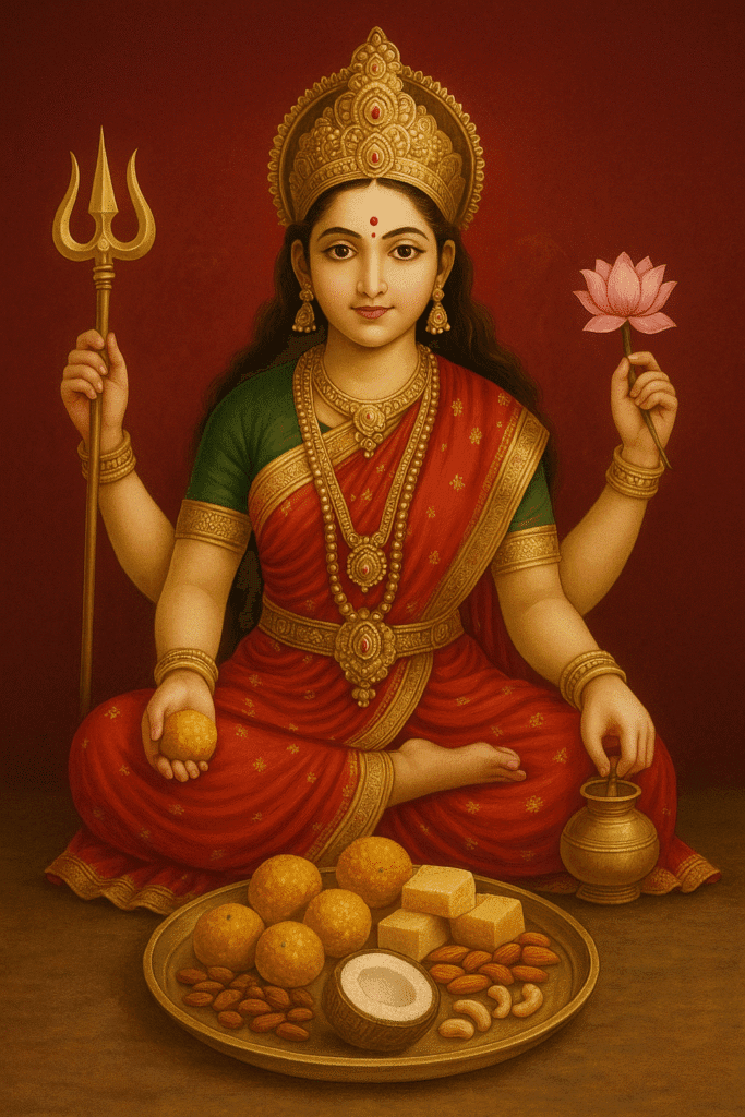 "Maa Vaishno Devi seated with a divine smile, holding trident and lotus, with a golden plate of bhog including ladoos, coconut, dry fruits, and sweets placed in front."
