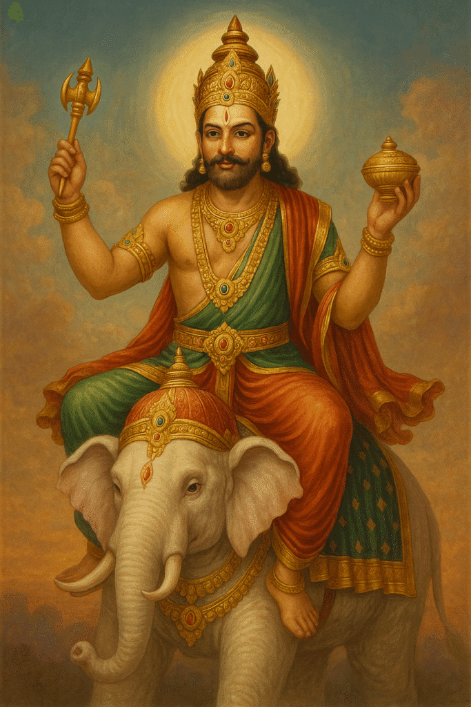 indra Dev: Swarg Ke Raja Or Varsha Ke Devta Ki Kahani 1 "Lord Indra sitting majestically on Airavata, his white elephant mount, holding a vajra and golden pot, wearing a crown and traditional royal attire, surrounded by divine clouds."
