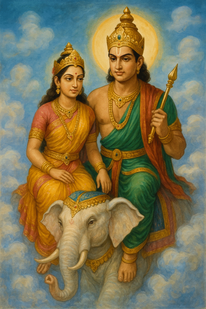 indra Dev: Swarg Ke Raja Or Varsha Ke Devta Ki Kahani 7 "Lord Indra sitting with his wife Shachi Devi on the divine elephant Airavata, both adorned in royal attire and golden crowns, surrounded by heavenly clouds in a traditional painting style."