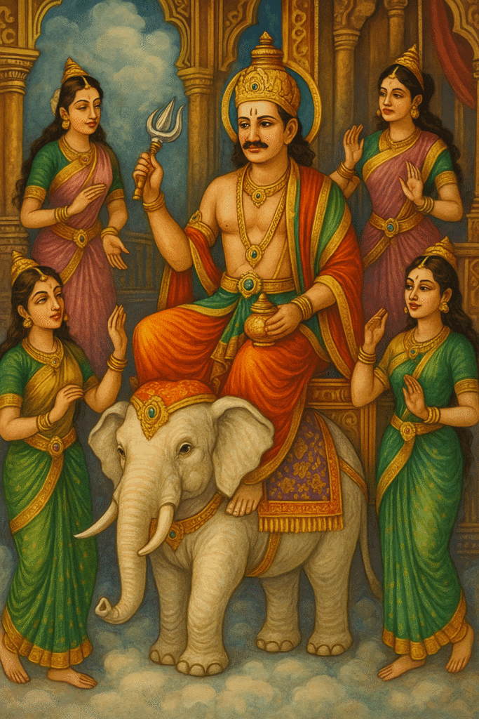 indra Dev: Swarg Ke Raja Or Varsha Ke Devta Ki Kahani 8 "Lord Indra seated on his divine elephant Airavata inside a grand celestial palace, surrounded by graceful Apsaras in colorful traditional attire, symbolizing Indra's royal court in heaven."