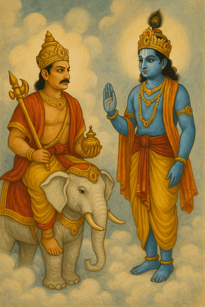 indra Dev: Swarg Ke Raja Or Varsha Ke Devta Ki Kahani 6 "Lord Indra seated on his divine elephant Airavata holding a vajra and golden pot, facing Lord Krishna who stands with a blessing gesture, both adorned in traditional divine attire amidst heavenly clouds."