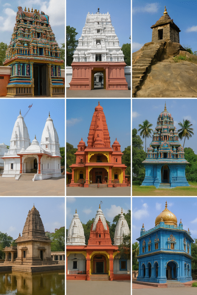 indra Dev: Swarg Ke Raja Or Varsha Ke Devta Ki Kahani 9 "A collage of ten different Hindu temples dedicated to Lord Indra, featuring various traditional architectural styles, vibrant colors, and natural surroundings, arranged in a 3x3 grid without any text."