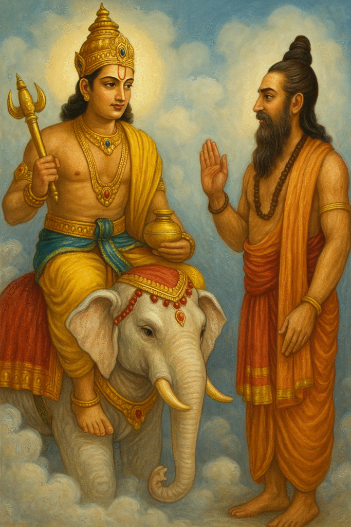 indra Dev: Swarg Ke Raja Or Varsha Ke Devta Ki Kahani 5 "Lord Indra seated on his divine elephant Airavata, holding a vajra and golden pot, engaged in conversation with Guru Brihaspati, who stands beside him in traditional saffron robes, against a serene cloud-filled background."