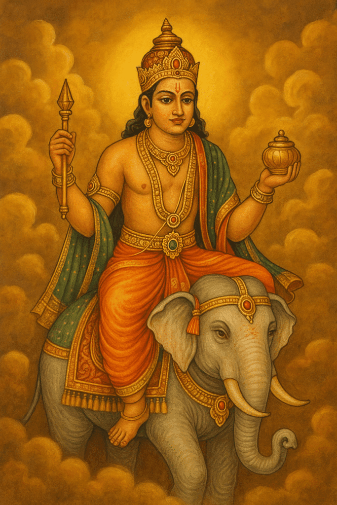 indra Dev: Swarg Ke Raja Or Varsha Ke Devta Ki Kahani 2
"Lord Indra seated on his divine elephant Airavata, holding a vajra in one hand and a golden pot in the other, adorned in royal attire with a radiant crown, surrounded by golden clouds in a traditional Indian painting."