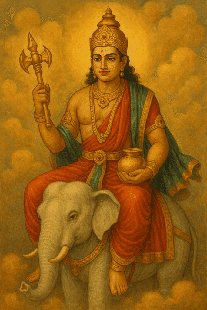 indra Dev: Swarg Ke Raja Or Varsha Ke Devta Ki Kahani 3 "Lord Indra seated on his divine elephant Airavata, holding a golden vajra and a pot, dressed in royal attire with a radiant crown, surrounded by glowing golden clouds in a traditional Indian painting style."