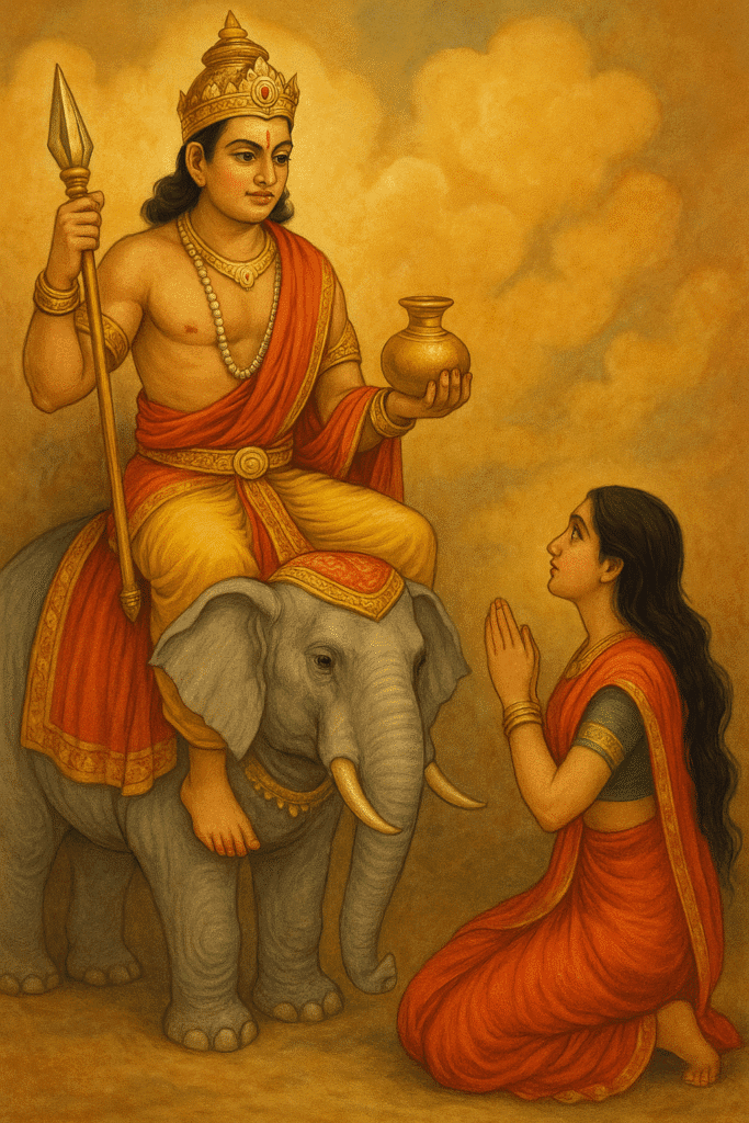 indra Dev: Swarg Ke Raja Or Varsha Ke Devta Ki Kahani 4 "Lord Indra seated on his white elephant Airavata, holding a spear and golden pot, while Ahalya kneels before him with folded hands in a humble posture, surrounded by golden clouds in a traditional Indian painting."