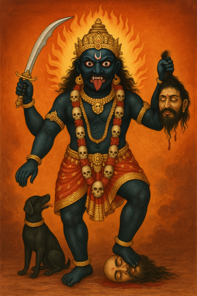 Kal Bhairav Mandir Ujjain: Ek Aisa Sthaan Jahan Daaru Hai Prasad 1 Kal Bhairav standing in a fierce form with a sword in one hand and a severed head in the other, wearing a garland of skulls, accompanied by a black dog, against a fiery orange background.