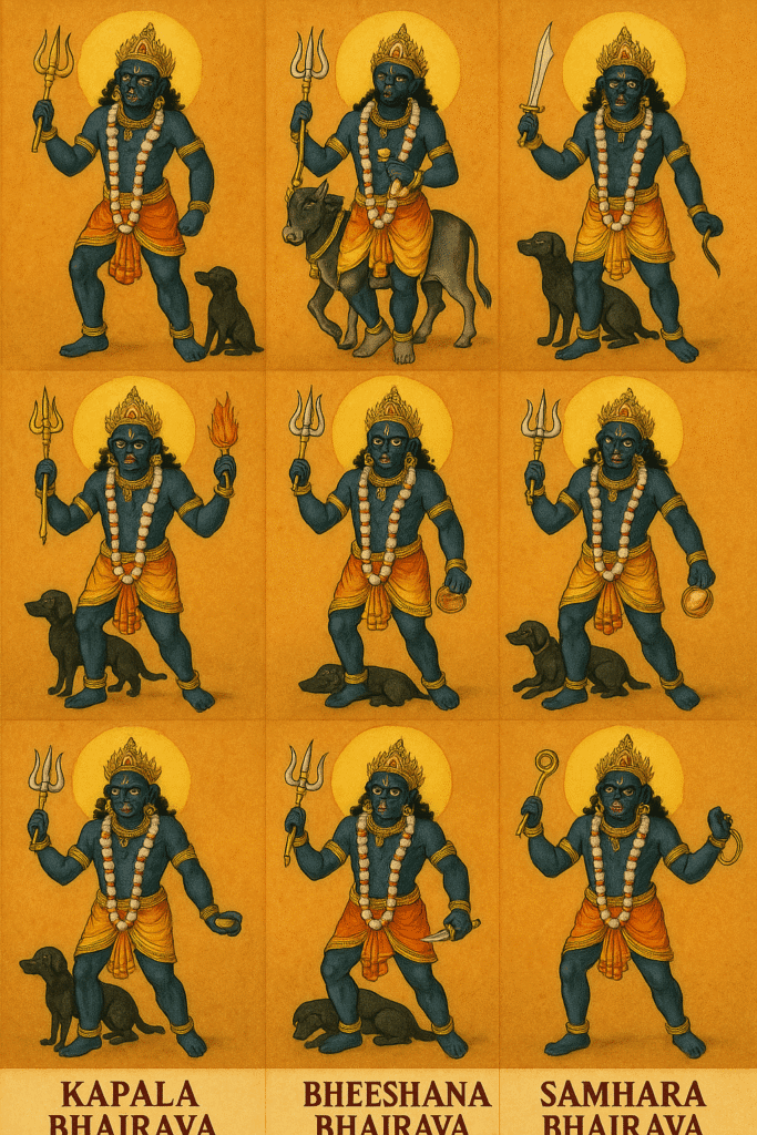Kal Bhairav Mandir Ujjain: Ek Aisa Sthaan Jahan Daaru Hai Prasad 2 Traditional illustration of Ashta Bhairava – eight fierce forms of Kal Bhairav – each shown with unique weapons, postures, and a black dog companion, arranged in a single vertical grid format on a golden background.