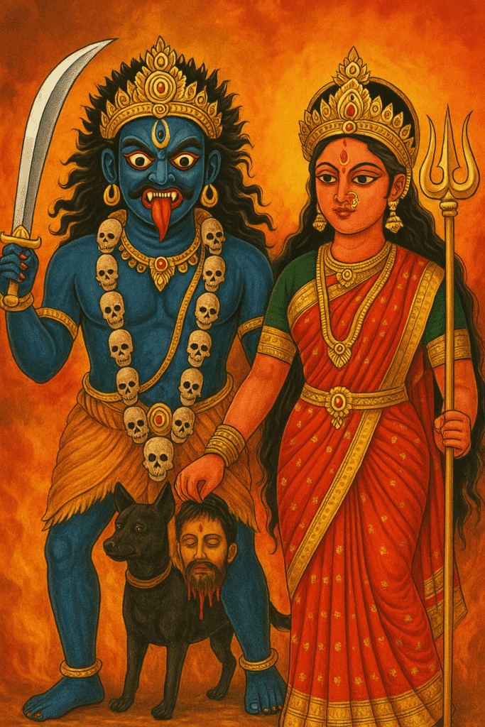 Kal Bhairav Mandir Ujjain: Ek Aisa Sthaan Jahan Daaru Hai Prasad 3 Kal Bhairav and Goddess Durga standing together in a traditional Indian painting; Bhairav holds a sword and severed head with a black dog beside him, while Durga is adorned in a red saree holding a trident, set against a fiery background.