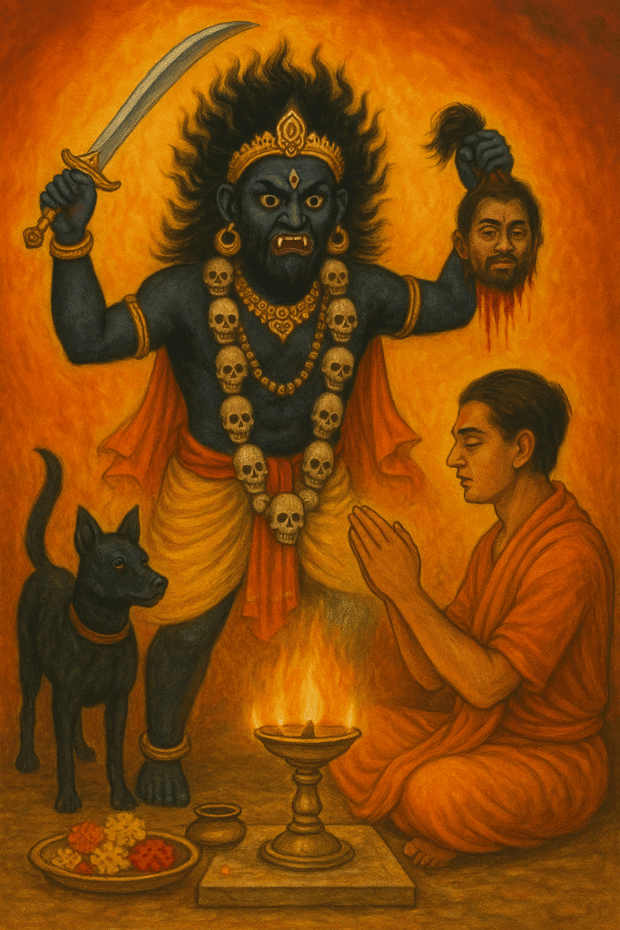 Kal Bhairav Mandir Ujjain: Ek Aisa Sthaan Jahan Daaru Hai Prasad 4 A devotee in saffron clothes performing Kal Bhairav puja with folded hands in front of a fiery idol of Kal Bhairav holding a sword and severed head, with a black dog beside him and a sacred lamp and offerings placed nearby.