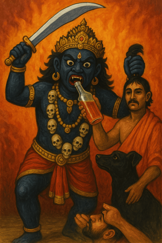 Kal Bhairav Mandir Ujjain: Ek Aisa Sthaan Jahan Daaru Hai Prasad 5 A devotee offering liquor to Kal Bhairav, who stands in a fierce posture holding a sword and severed head, with a black dog beside them, all set against a fiery orange background in a traditional painting.