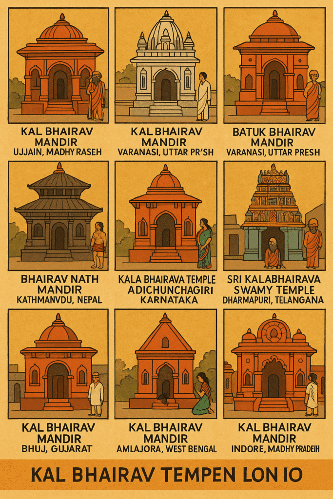 Kal Bhairav Mandir Ujjain: Ek Aisa Sthaan Jahan Daaru Hai Prasad 6 Illustration showing ten prominent Kal Bhairav temples across India and Nepal, including Ujjain, Varanasi, Kathmandu, Karnataka, Gujarat, West Bengal, and Telangana, each temple labeled and uniquely designed in a traditional art style with devotees standing nearby.