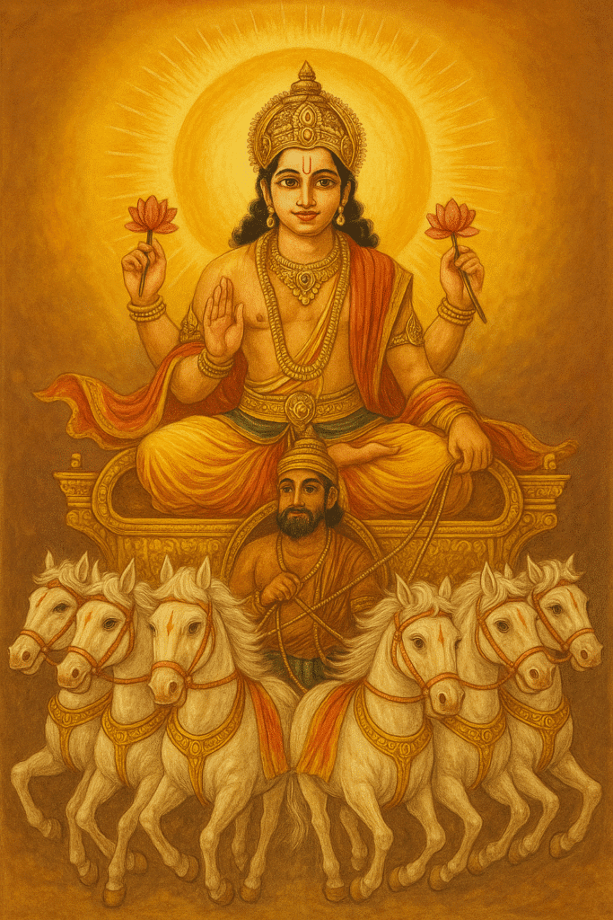 Bhagwan Surya Ka Janam, Vahan Or Aadhyatmik Mahatva 1 "Surya Dev seated on a golden chariot drawn by seven white horses, with Aruna as the charioteer, holding lotus flowers and radiating divine light in traditional Hindu style."