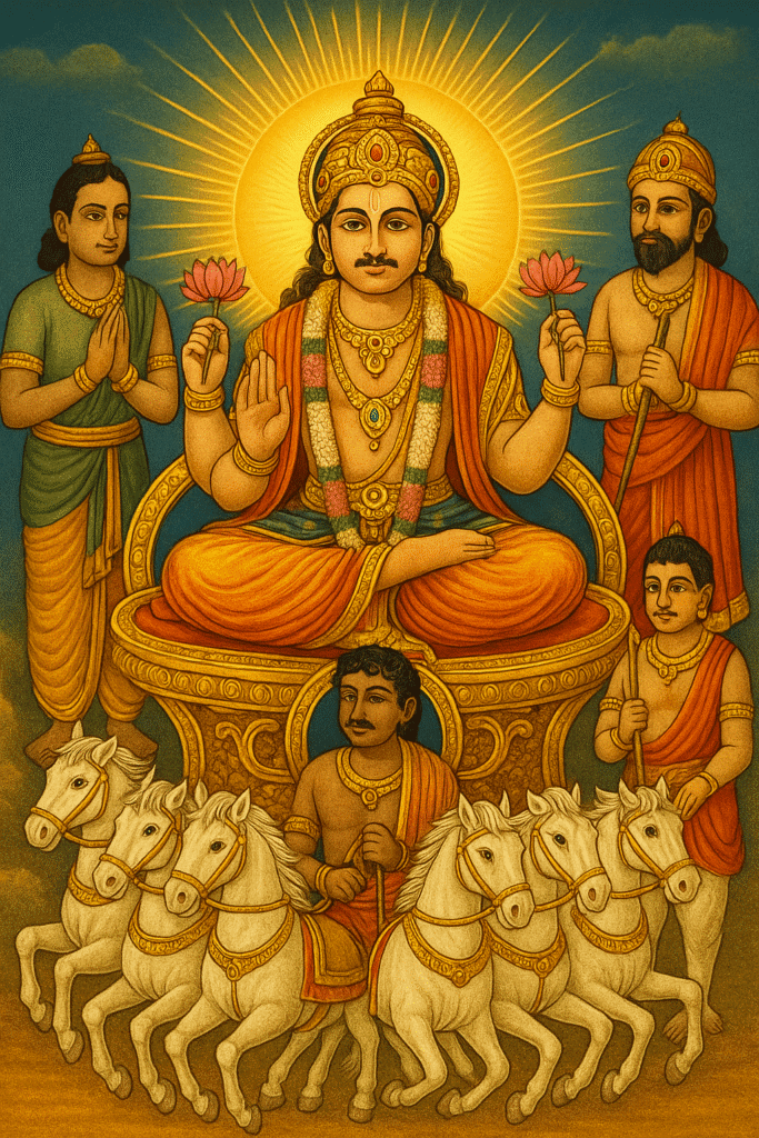 Bhagwan Surya Ka Janam, Vahan Or Aadhyatmik Mahatva 3 "Surya Dev seated on a golden chariot drawn by seven white horses, surrounded by his sons Shani Dev, Yama, Ashwini Kumar, and Aruna as the charioteer, in a traditional Hindu style artwork."