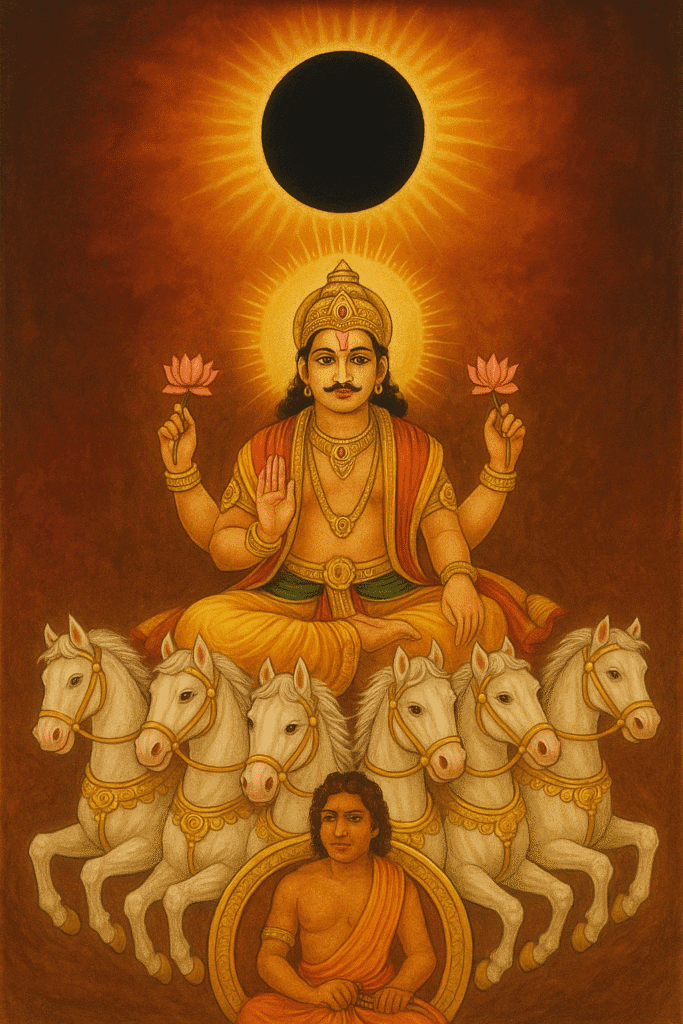 Bhagwan Surya Ka Janam, Vahan Or Aadhyatmik Mahatva 7 "Surya Dev riding a golden chariot with seven white horses during a solar eclipse, with Aruna as the charioteer and a dark sun haloed in radiant light in the background, depicted in traditional Hindu art style."