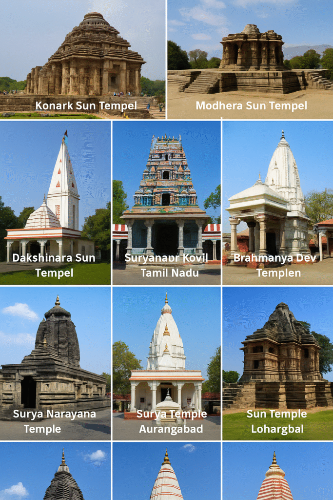 Bhagwan Surya Ka Janam, Vahan Or Aadhyatmik Mahatva 4 "Collage of ten prominent Sun Temples of India including Konark, Modhera, Suryanar Kovil, Surya Narayana Temple, and others, showcasing diverse architectural styles and cultural heritage."