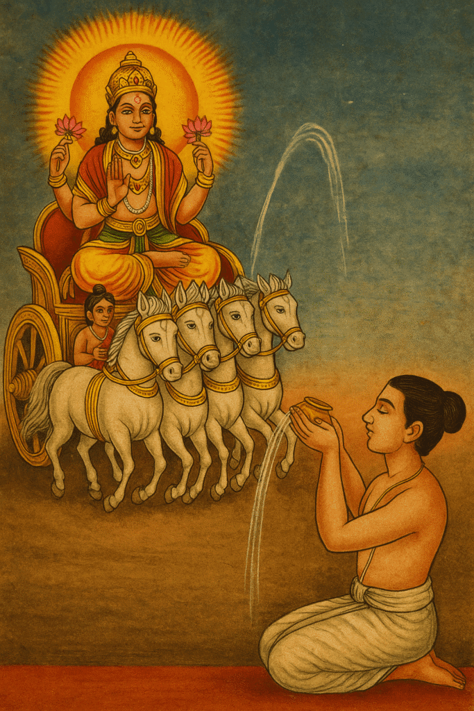 Bhagwan Surya Ka Janam, Vahan Or Aadhyatmik Mahatva 5 "Hindu devotee offering water to Surya Dev seated on a chariot drawn by seven horses, traditional Indian painting style, symbolizing morning sun worship."