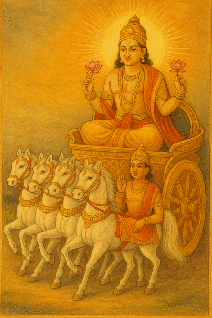 Bhagwan Surya Ka Janam, Vahan Or Aadhyatmik Mahatva 2 "Surya Dev seated on a golden chariot drawn by seven white horses, with Aruna as the charioteer, depicted in a vibrant traditional Hindu painting."
