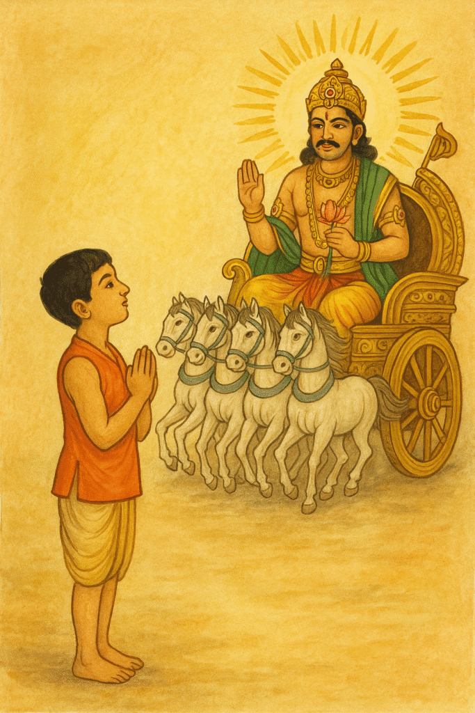 Bhagwan Surya Ka Janam, Vahan Or Aadhyatmik Mahatva 6 "Young Indian boy performing Surya Namaskar in front of Surya Dev on a golden chariot with seven horses, traditional devotional yoga artwork."