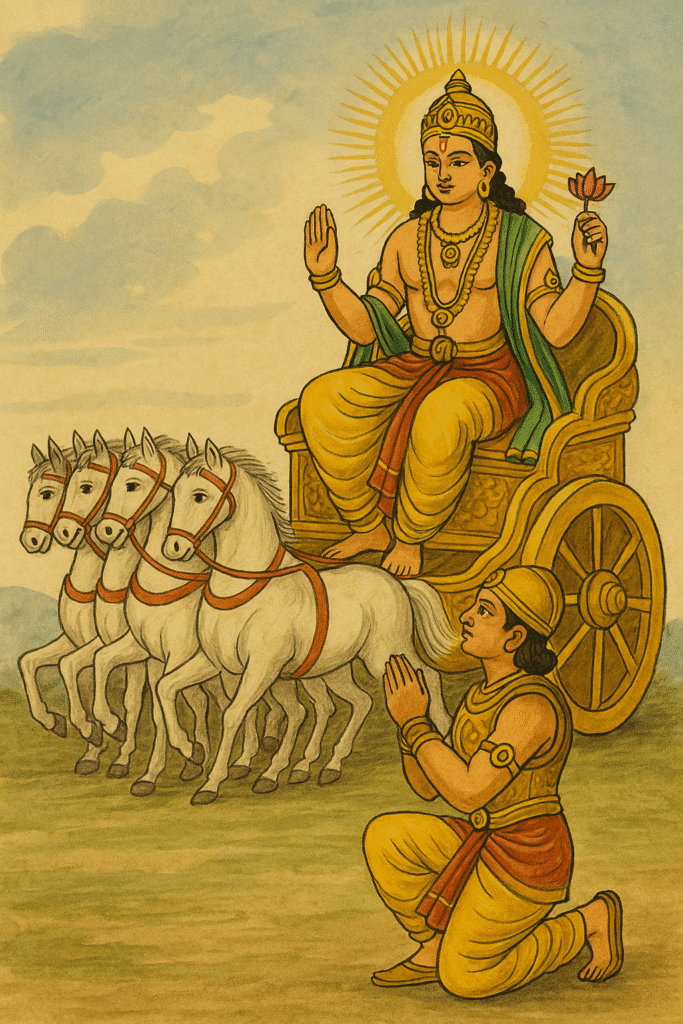 Bhagwan Surya Ka Janam, Vahan Or Aadhyatmik Mahatva 8 "Karna kneeling with folded hands in front of Surya Dev seated on a golden chariot drawn by white horses, traditional Indian painting depicting divine father-son connection."