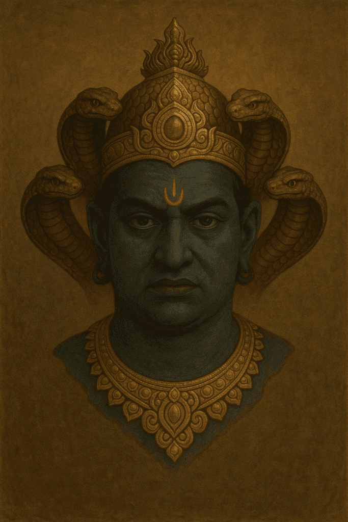 Rahu Grah Ka Rahasya: Karm, Bhay Aur Kaal K Devta 1 “Rahu Dev ka traditional Hindu painting jismein unka neela chehra, shobha yukt mukut, aur panch sar waale naag ka abhushan dikhaya gaya hai, jo uski rahasya aur tantrik shakti ka prateek hai.”