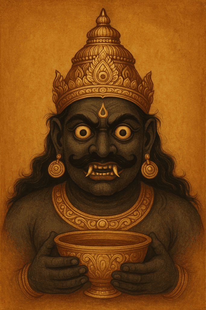 Rahu Grah Ka Rahasya: Karm, Bhay Aur Kaal K Devta 3 "Traditional painting of Rahu's severed head from Hindu mythology, featuring a fierce expression, golden crown, large earrings, and a decorated bowl in his hands, symbolizing his beheaded form after drinking amrit during Samudra Manthan."