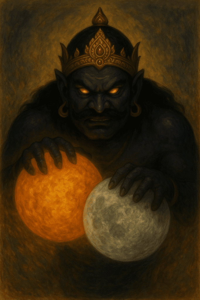 Rahu Grah Ka Rahasya: Karm, Bhay Aur Kaal K Devta 4 “Rahu Dev holding the glowing Sun (Surya) and Moon (Chandra) in his hands during a symbolic grahan scene, representing celestial alignment and cosmic influence in Hindu mythology.”