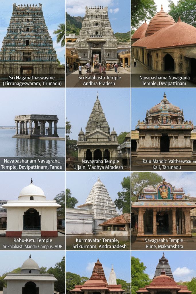Rahu Grah Ka Rahasya: Karm, Bhay Aur Kaal K Devta 5 “Collage of 10 famous Rahu temples across India including Sri Naganathaswamy Temple (Tirunageswaram), Sri Kalahasti Temple, Navapashanam Navagraha Temple, Navagraha Temple Ujjain, Vaitheeswaran Koil, Rahu-Ketu Temple, Kurmavatar Temple, and Navagraha Temple Pune, each showing unique architecture and religious significance for Rahu dosh shanti.”