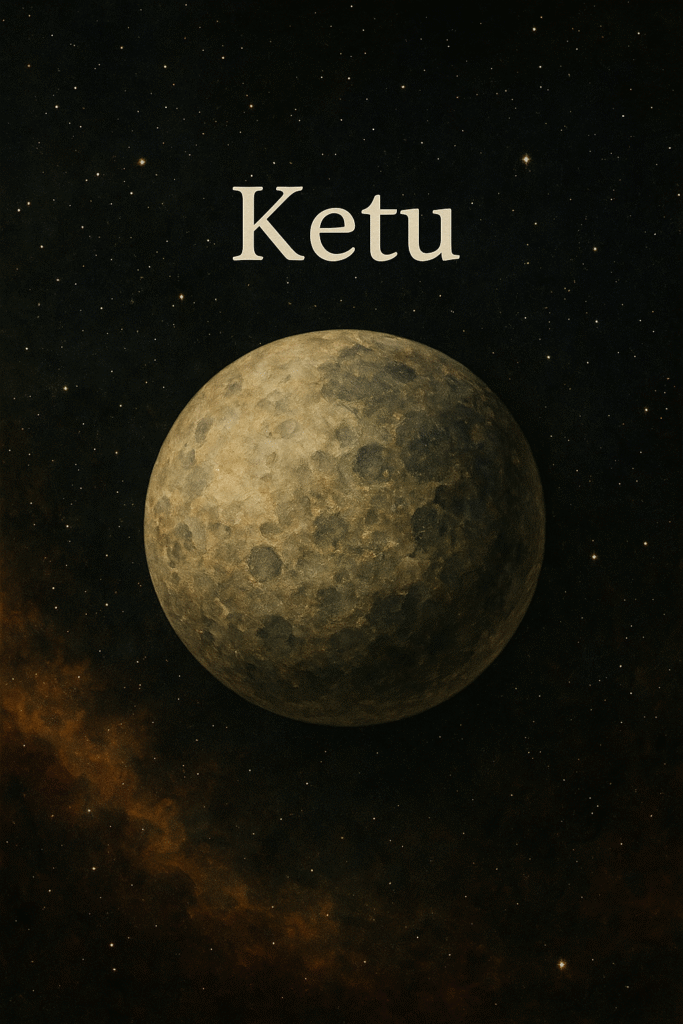 Digital representation of the celestial body Ketu as a cratered grey planet in deep space, with a starry black background and the word "Ketu" written above it in bold serif font.
