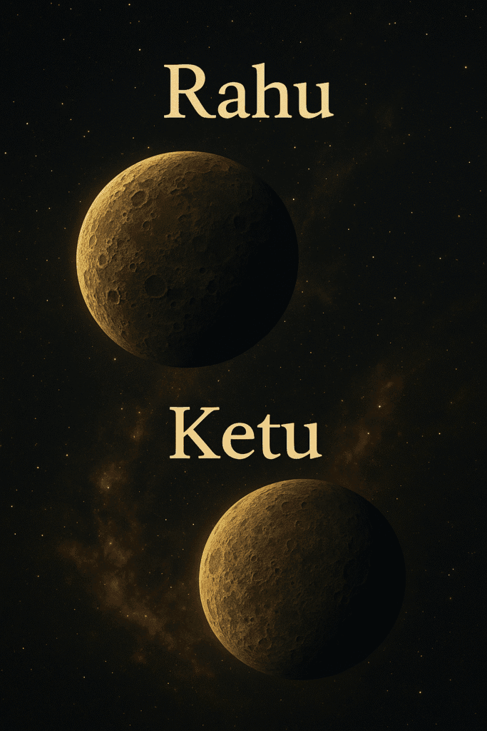 Alt text:
Digital artwork showing celestial representations of Rahu and Ketu as cratered planetary bodies floating in outer space, with their names labeled above each, set against a dark starry background with glowing nebulae.