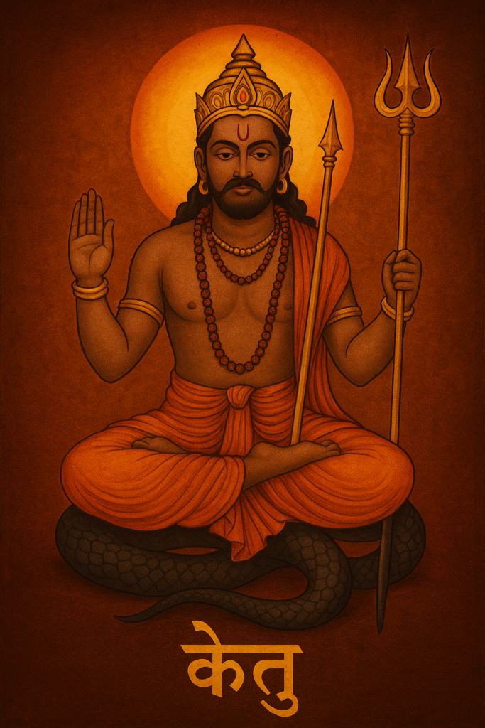 Traditional Indian artwork of Ketu Dev with a serpent lower body, golden halo, holding a trident and blessing hand gesture, seated in a meditative posture on an orange background.
