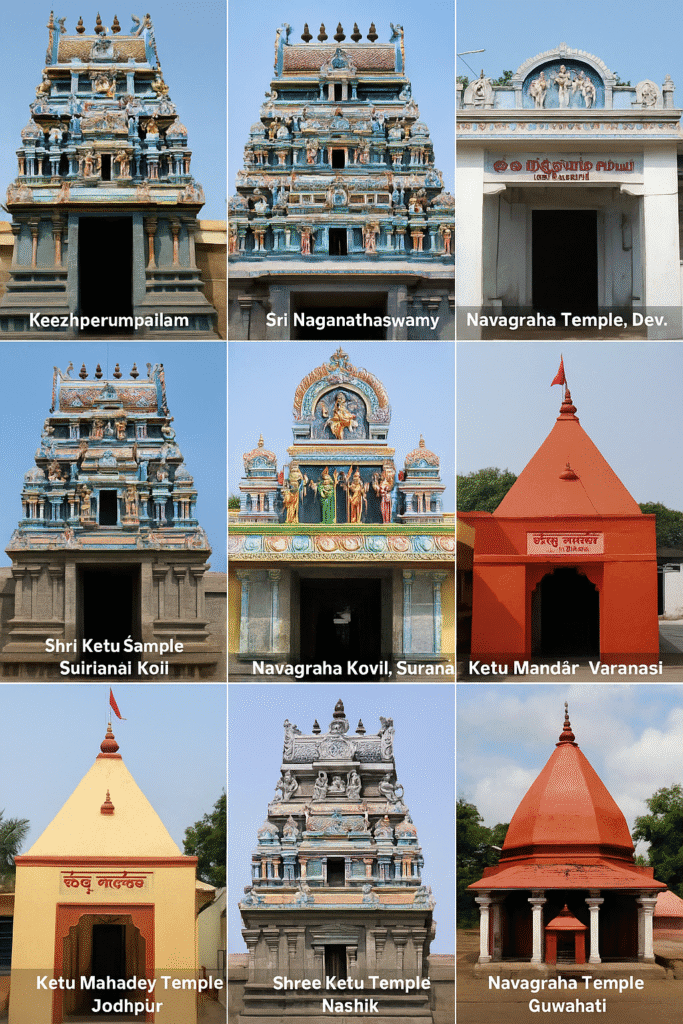 Collage of 10 Ketu temples across India, including ornate South Indian gopurams and North Indian shrines, labeled with names and locations such as Keezhperumpallam, Sri Naganathaswamy, Devipattinam, Suriyanar Koil, Surana, Varanasi, Jodhpur, Nashik, and Guwahati.