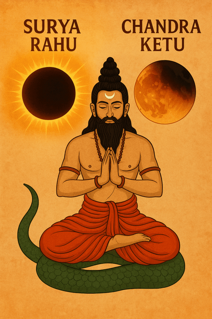 Traditional digital illustration showing Ketu Dev with a serpent tail meditating between two eclipses — Surya Grahan (with Rahu) on the left and Chandra Grahan (with Ketu) on the right — representing Ketu's role in solar and lunar eclipses.

