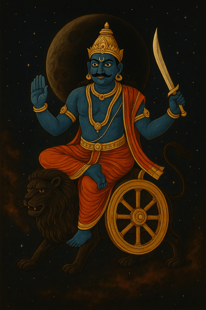 Traditional digital painting of Rahu Dev riding a black lion-drawn chariot under a starry sky, with dark blue skin, golden crown, red dhoti, holding a sword in one hand and showing a blessing mudra with the other, symbolizing his cosmic and astrological significance.
