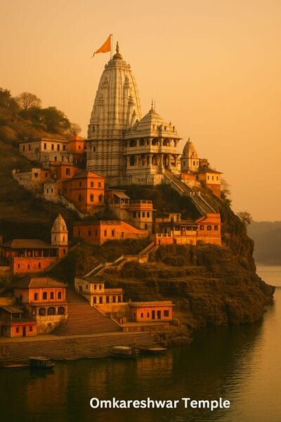 "Omkareshwar Temple at sunrise, situated on the sacred Mandhata Island in the Narmada River, surrounded by ancient structures and ghats, with a saffron flag atop the temple tower."