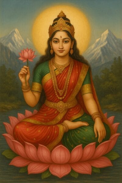 "माता लक्ष्मी कमल के फूल पर विराजमान, एक हाथ में कमल लिए हुए – धन, सौभाग्य और समृद्धि की देवी।"