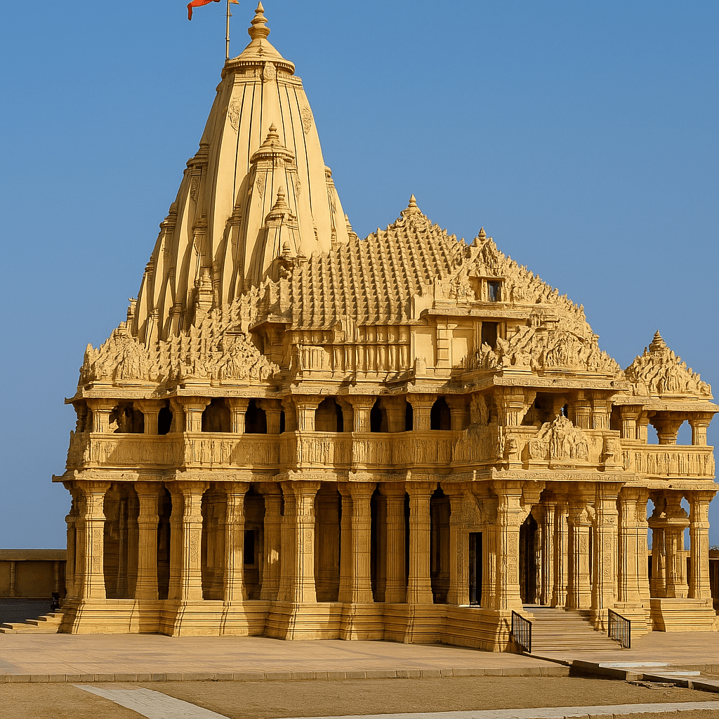 "Somnath Mandir ka divya drishya – Gujarat ke saagar kinare sthit pratham Jyotirling."