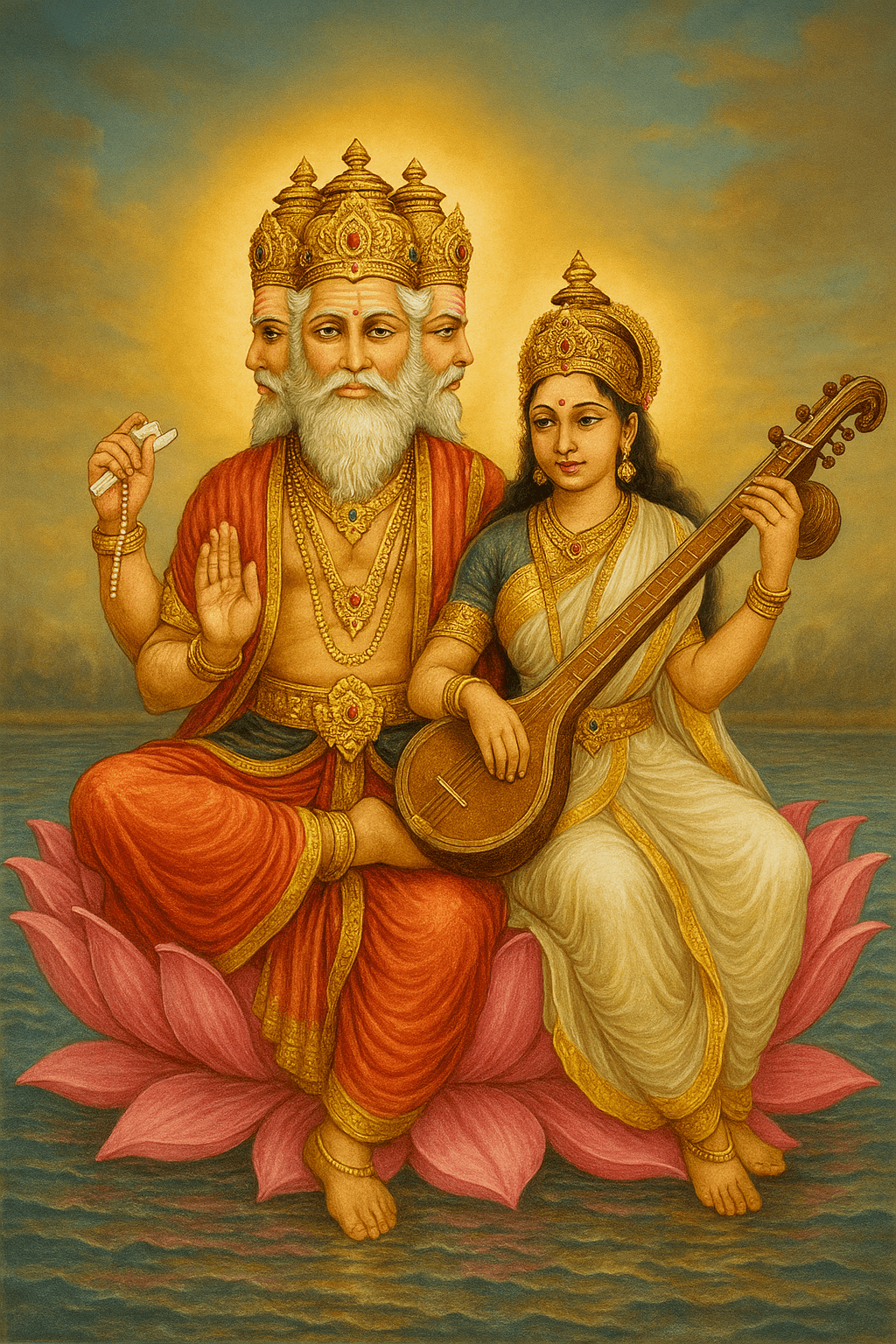 Brahma aur Maa Saraswati kamal par virajmaan – srishti ke karta aur gyaan ki devi ka pavitra roop."