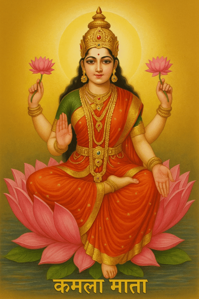 "माता कमला: धन, वैभव और समृद्धि की देवी" 1 कमला माता कमल के फूल पर विराजमान, लाल और हरे वस्त्रों में, हाथों में कमल लिए, दिव्य आभा से युक्त।
माता कमला