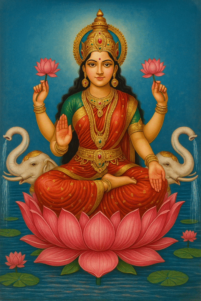 "माता कमला: धन, वैभव और समृद्धि की देवी" 2 Kamla Mata sitting on lotus with elephants – Tantrik form of Lakshmi