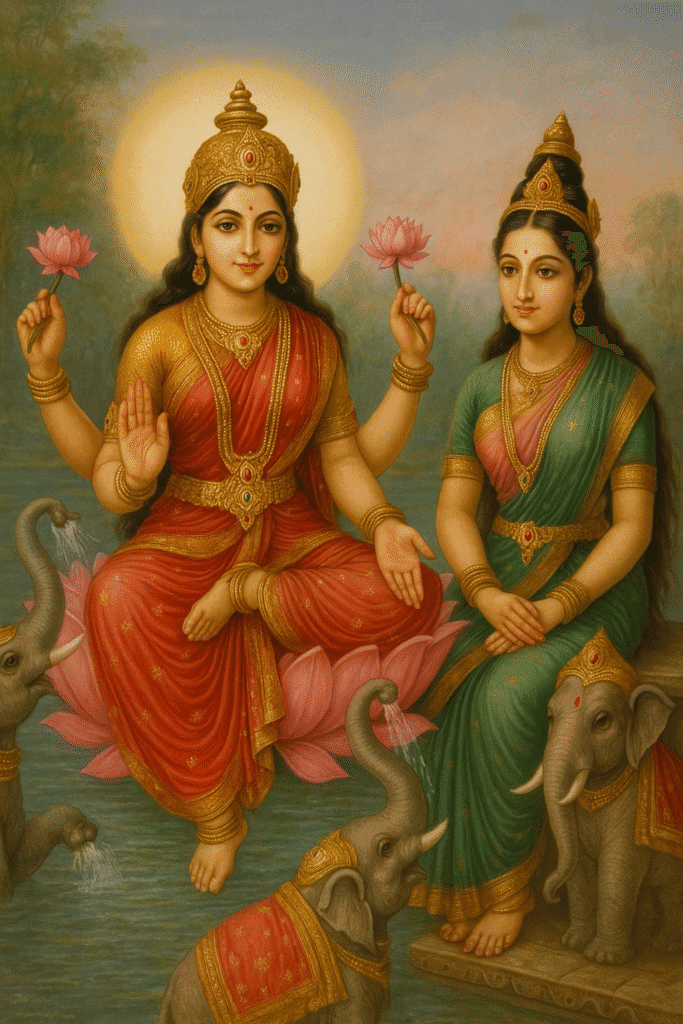 "माता कमला: धन, वैभव और समृद्धि की देवी" 3 Kamla Mata with Parvati Mata – Kamla Mata sitting on lotus with elephants, symbolizing divine beauty, tantra, and prosperity.
