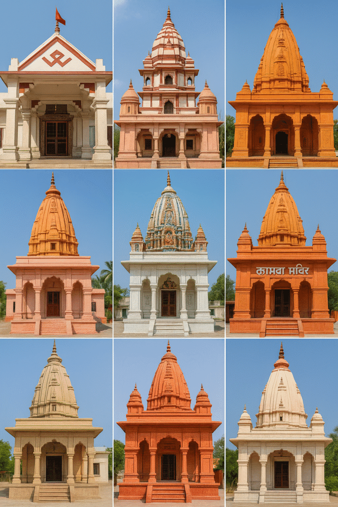 "माता कमला: धन, वैभव और समृद्धि की देवी" 4 Mata Kamla ke 10 pramukh mandiron ka ek collage — har mandir alag-alag bhavya shaili mein, lal, safed aur peele patthar se nirmit, jahan bhakti aur shakti ka darshan hota hai.