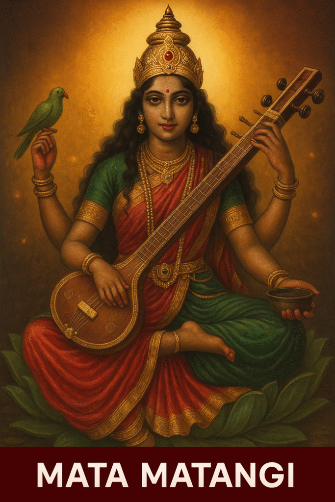 दस महाविद्याओं में एक: माता मातंगी का रहस्य 1 Mata Matangi sitting on a lotus with a veena in her hand and a parrot perched on her finger, adorned in red and green saree – Mata Matangi ka divya swaroop माता मातंगी